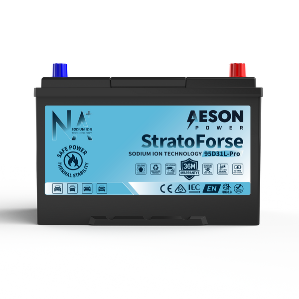A black automotive battery with a blue and white front label, featuring the brand name 'AEON POWER' and model 'StratoForse'. The battery has blue and red terminal caps on top, set against a clean white background with a soft shadow.