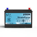 A black automotive battery with a blue and white front label, featuring the brand name 'AEON POWER' and model 'StratoForse'. The battery has blue and red terminal caps on top, set against a clean white background with a soft shadow.